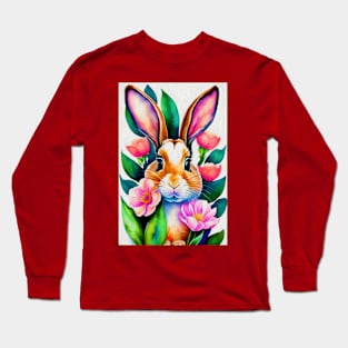 Spring Bunny and Flowers Painting Long Sleeve T-Shirt